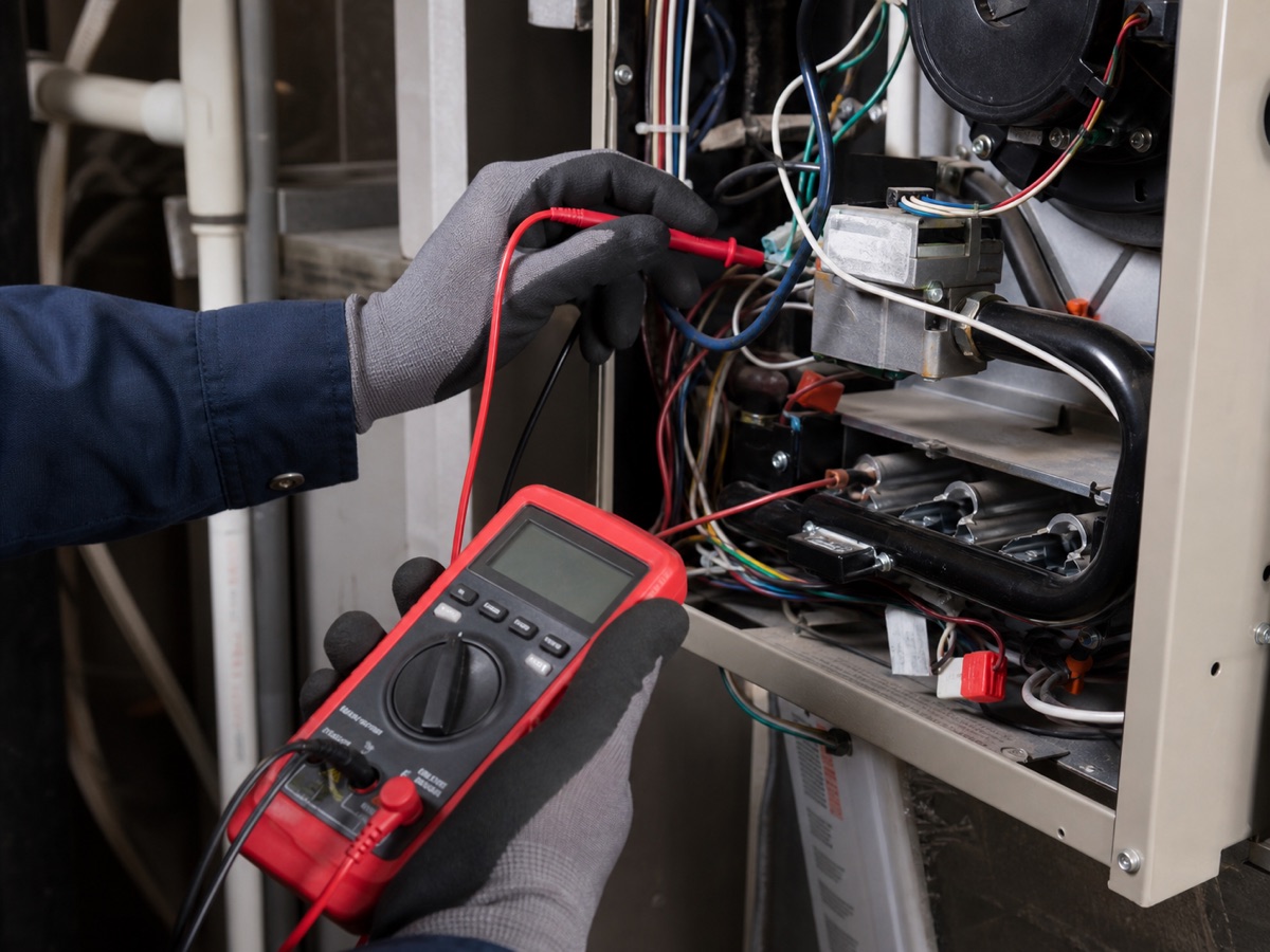 Technician testing furnace controls with a digital multimeter