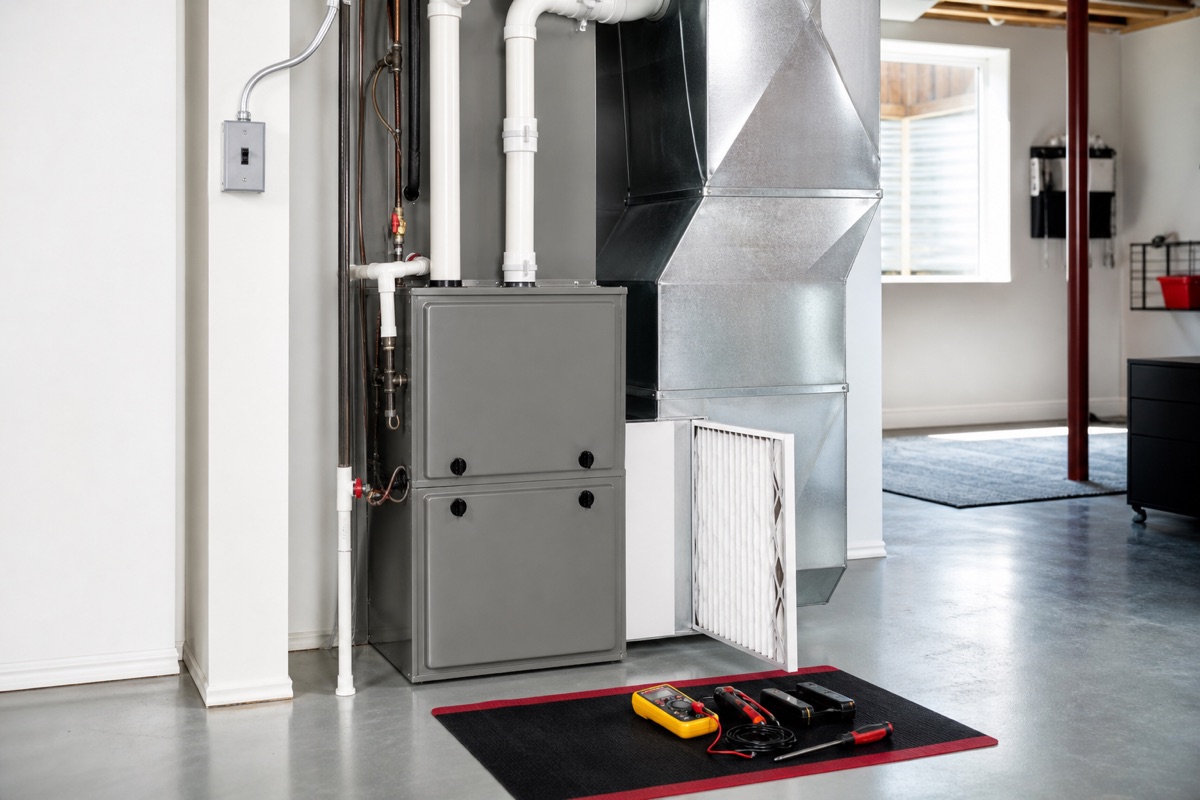 Clean furnace installation with accessible filter and neatly arranged diagnostic tools
